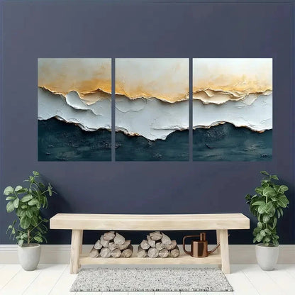 3pcs Minimalist Abstract Beige & Cream Textured Metal Print Ready to Hang Art - Bella Home Decor