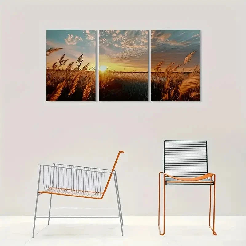 3pcs Golden Wheat Field Sunset Blue Sky Metal Print Ready to Hang Art - Bella Home Decor
