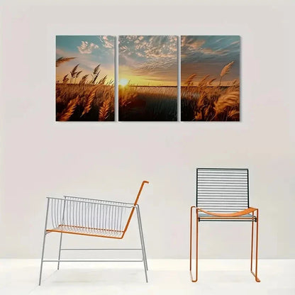 3pcs Golden Wheat Field Sunset Blue Sky Metal Print Ready to Hang Art - Bella Home Decor