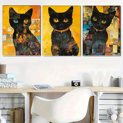 3pcs Artistic Abstract Black Cat Portrait Metal Print Ready to Hang Art - Bella Home Decor