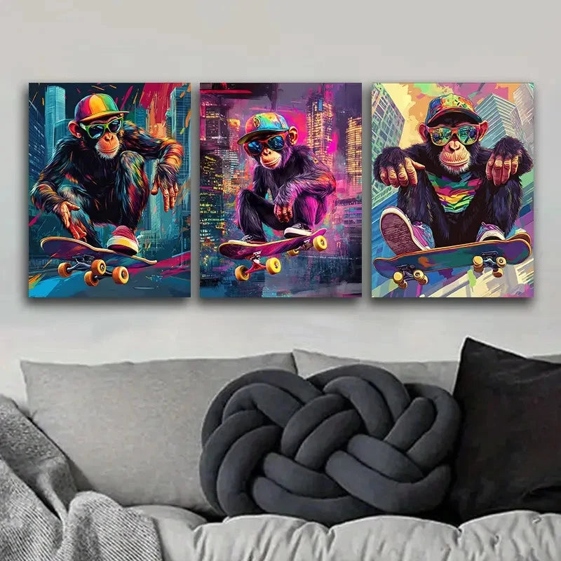 3pcs Monkey Skateboard Design Wall Art Set Canvas Framed 40x60cm - High Quality Print 100% Australian Made Wall Canvas Ready to Hang - Bella Home Decor