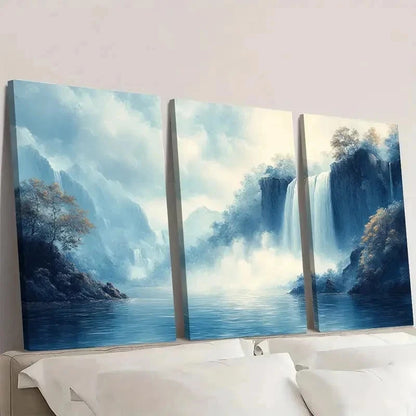 3pcs Landscape with Misty Mountains & Serene RO   Wall Art Set Canvas Framed 60x90cm - High Quality Print 100% Australian Made Wall Canvas Ready to Hang