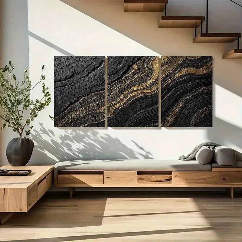 3pcs Black and Golden Abstract Wave Pattern Metal Print Ready to Hang Art - Bella Home Decor
