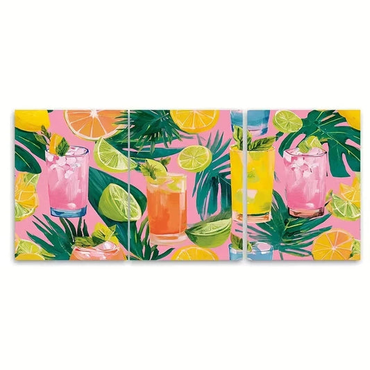 3pcs Summer Bar Cart Art Print, Pink Coconut Wall Art Set Canvas Framed 50x70cm - High Quality Print 100% Australian Made Wall Canvas Ready to Hang
