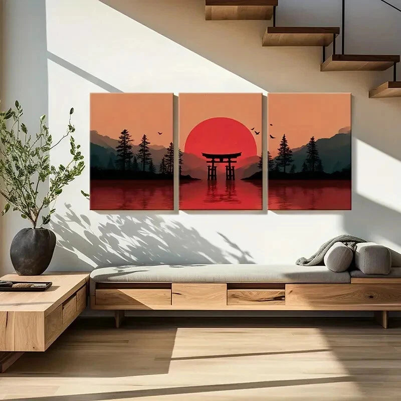 3pcs Sunset Torii Gate Silhouette Mountain Lands Metal Print Ready to Hang Art - Bella Home Decor
