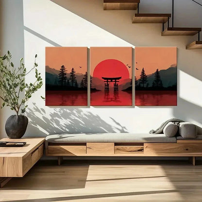 3pcs Sunset Torii Gate Silhouette Mountain Lands Metal Print Ready to Hang Art - Bella Home Decor