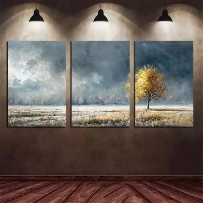 3pcs Autumn Meadow Covered with Frost on Which Tree Wall Art Set Canvas Framed 50x70cm - High Quality Print 100% Australian Made Wall Canvas Ready to Hang