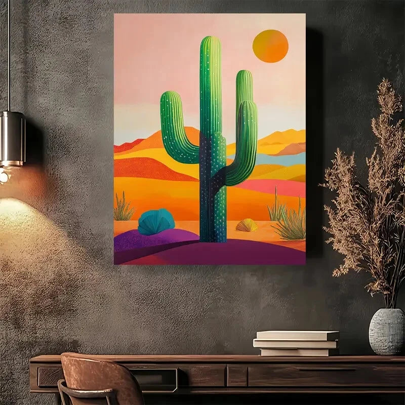 Beautiful Desert Cactus Sunset Cacti & Sunset Painting 40x60cm Metal Print Ready to Hang - Bella Home Decor