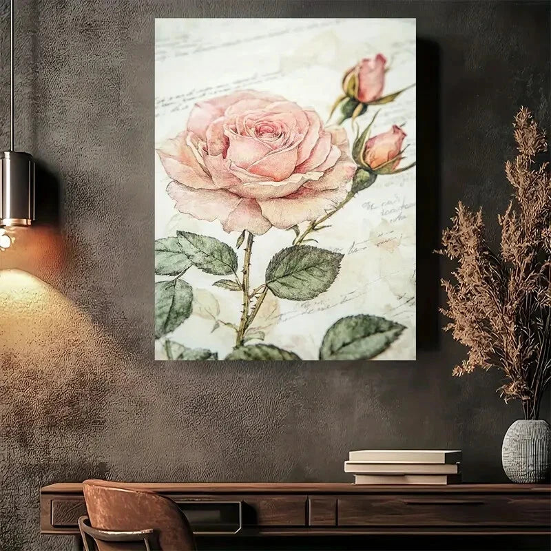 Vintage Design with Pink Roses & Green Leaves Painting 40x60cm Metal Print Ready to Hang - Bella Home Decor