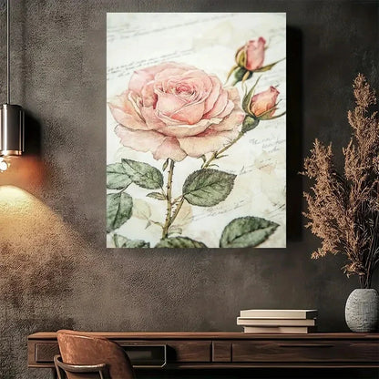 Vintage Design with Pink Roses & Green Leaves Painting 40x60cm Metal Print Ready to Hang - Bella Home Decor