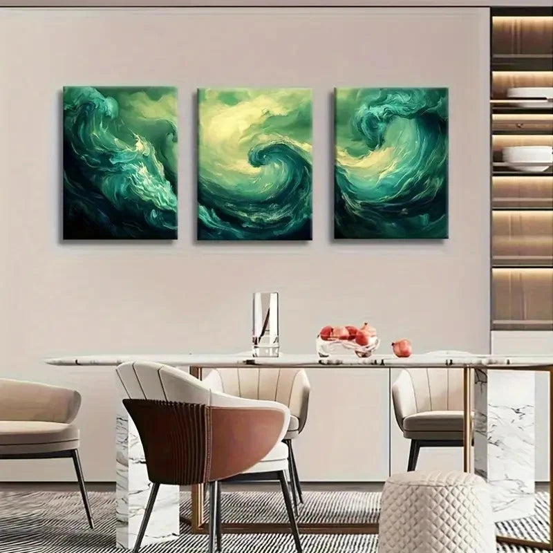 3pcs Abstract Green Swirl Ocean Dynamic Painting Metal Print Ready to Hang Art - Bella Home Decor