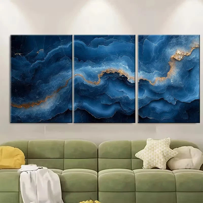 3pcs Blue Marble Textures Metal Print Ready to Hang Art - Bella Home Decor