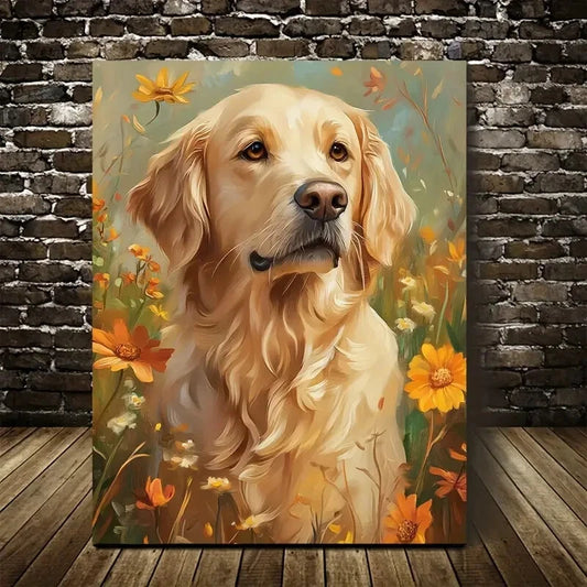 Golden Retriever with Flowers & Plants Painting 40x60cm Metal Print Ready to Hang - Bella Home Decor