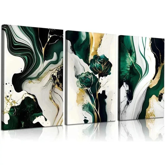 3pcs Emerald Green Green and GoldWall Art Set Canvas Framed 60x90cm - High Quality Print 100% Australian Made Wall Canvas Ready to Hang