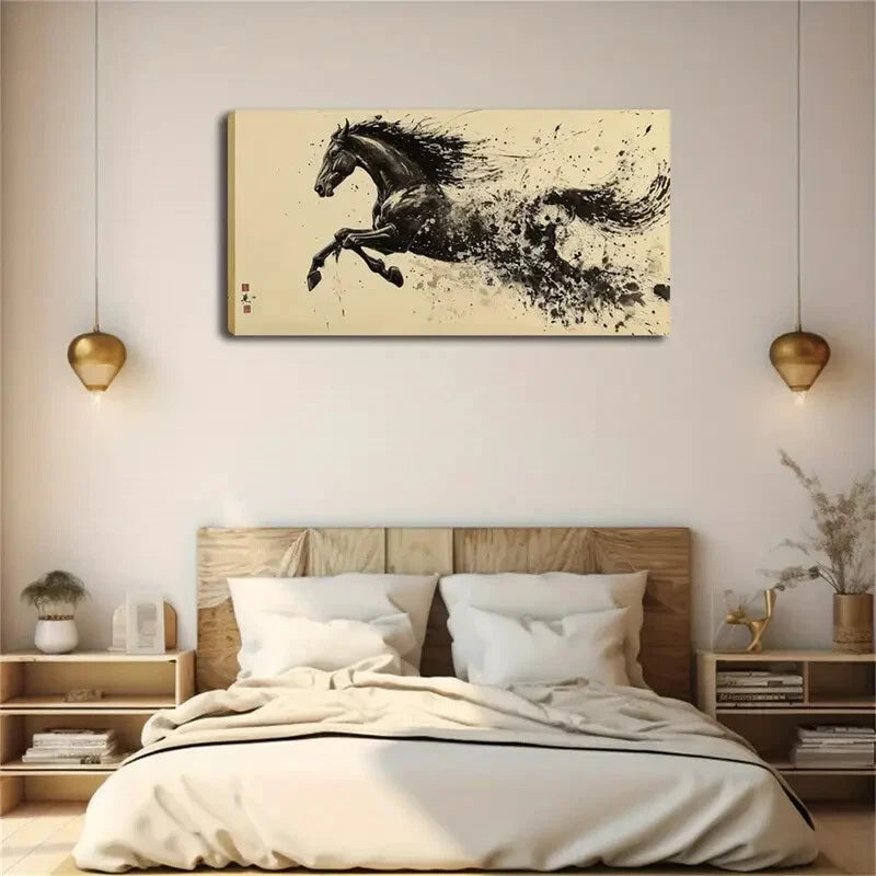 A Dark Horse Running Abstract Wall Art Canvas Office Home Room Framed 120x60cm - Bella Home Decor