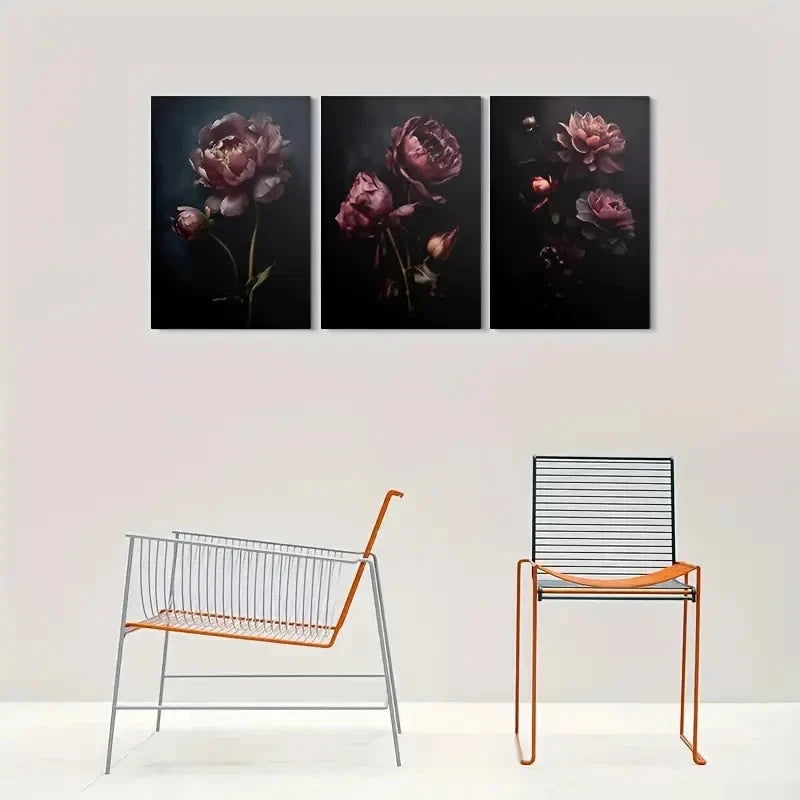 3pcs Dark Peony Triptych Painting Metal Print Ready to Hang Art - Bella Home Decor
