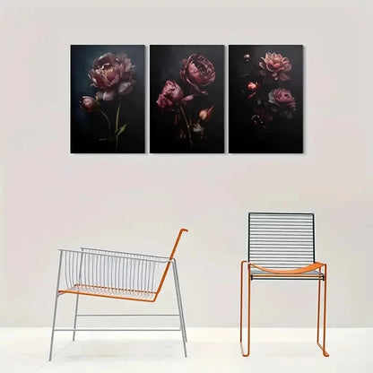 3pcs Dark Peony Triptych Painting Metal Print Ready to Hang Art - Bella Home Decor