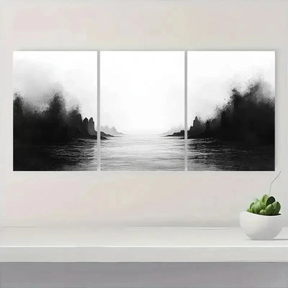 3pcs Black Ink Wash Minimalist Landscape Art Metal Print Ready to Hang Art - Bella Home Decor