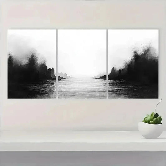 3pcs Black Ink Wash Minimalist Landscape Art Metal Print Ready to Hang Art