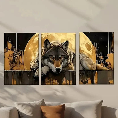 3pcs Wolf Is Sitting on a Fence with The Moon Wall Art Set Canvas Framed 50x70cm - High Quality Print 100% Australian Made Wall Canvas Ready to Hang