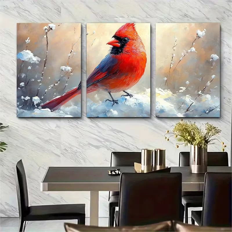 3pcs Cardinal Impasto Oil Painting Birds Metal Print Ready to Hang Art - Bella Home Decor