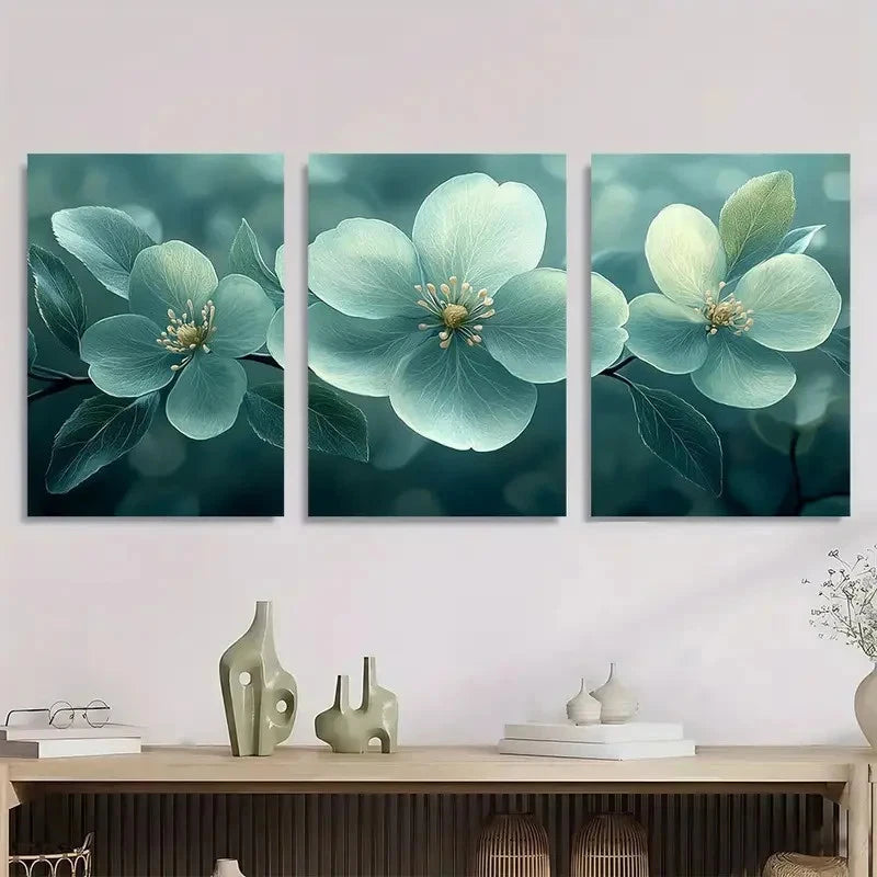3pcs Painting Light Green Flower Decoration Metal Print Ready to Hang Art - Bella Home Decor