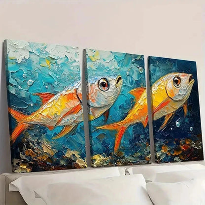 3pcs Sardines Painting Fish Underwater G   Wall Art Set Canvas Framed 50x70cm - High Quality Print 100% Australian Made Wall Canvas Ready to Hang