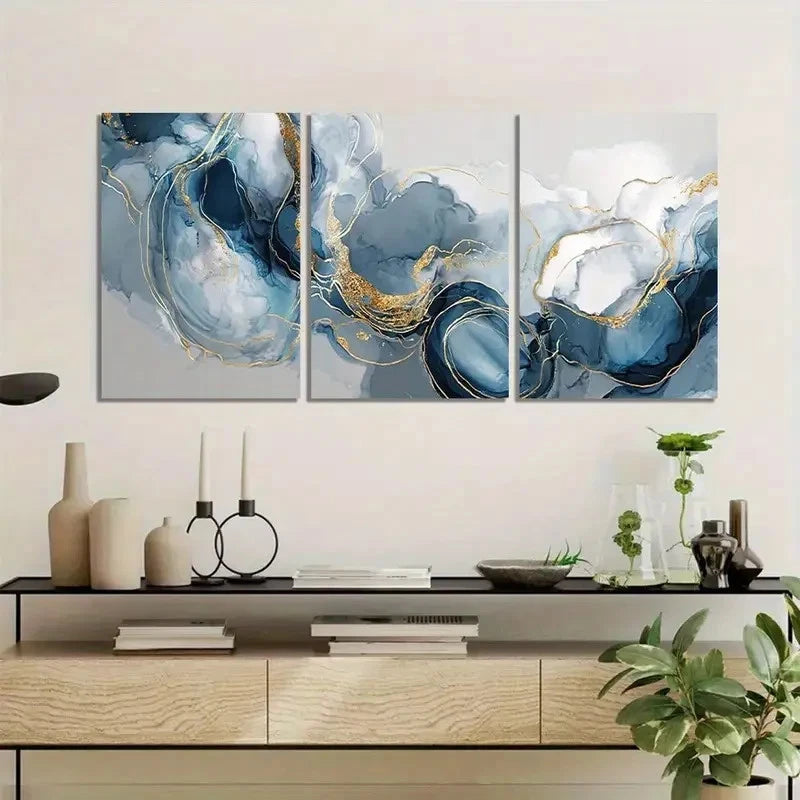 3pcs White/Blue Abstract Smoke Designs Metal Print Ready to Hang Art