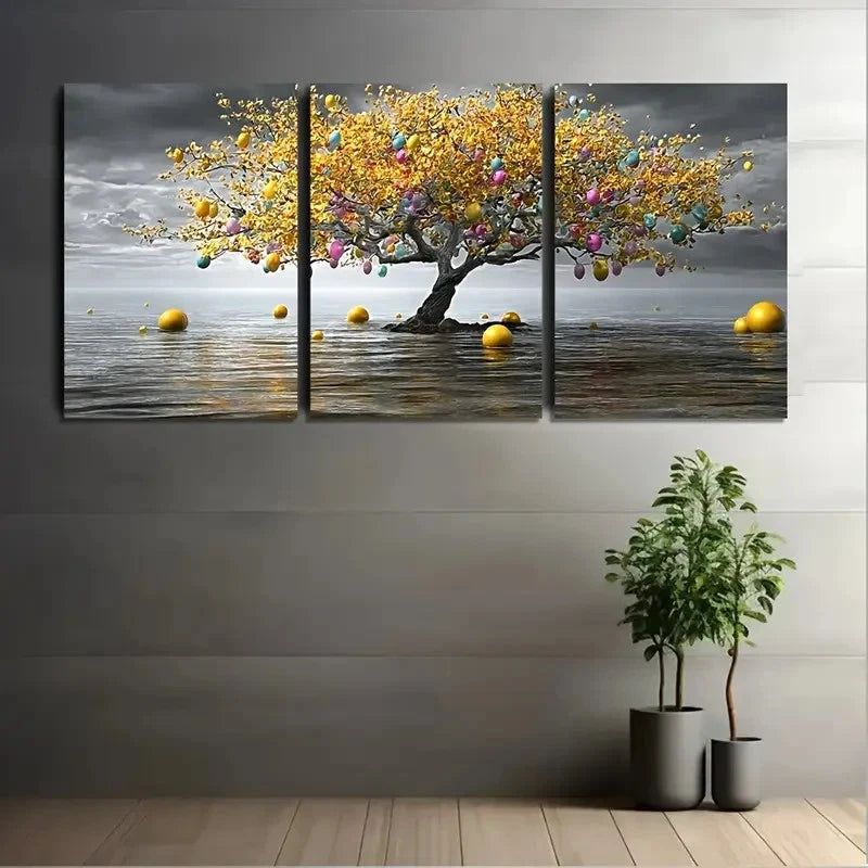 3pcs Golden Leaves Glowing Orbs & Ocean Wall Art Set Canvas Framed 60x90cm - High Quality Print 100% Australian Made Wall Canvas Ready to Hang - Bella Home Decor