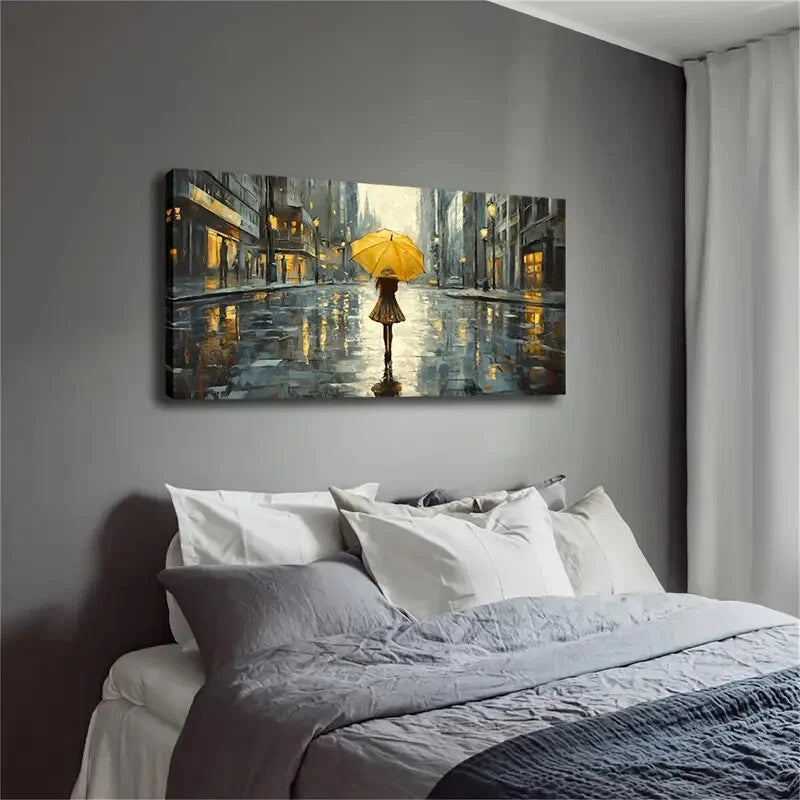Realistic Rainy City Scene Girl Wall Art Canvas Office Home Room Framed 120x60cm - Bella Home Decor