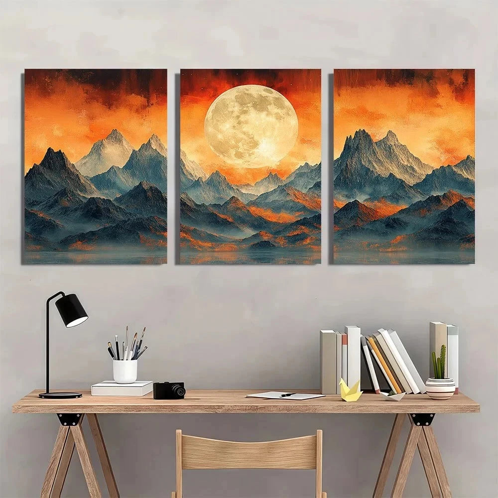 3pcs Abstract Mountain Moon Warm Earth Tones Wall Art Set Canvas Framed 60x90cm - High Quality Print 100% Australian Made Wall Canvas Ready to Hang - Bella Home Decor