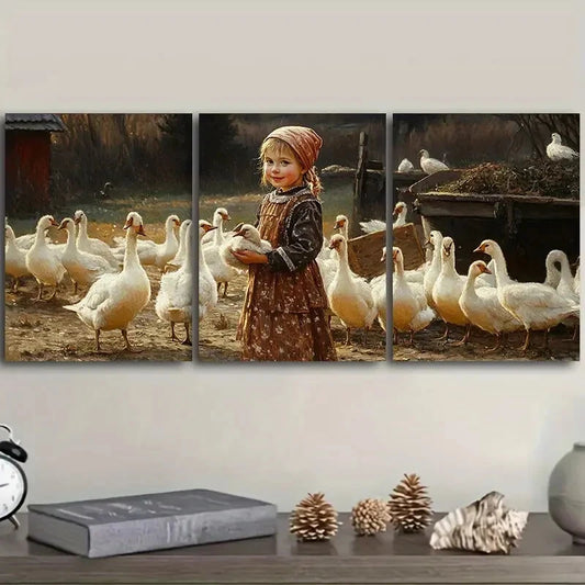 3pcs The girl feeds the animals on the farm Metal Print Ready to Hang Art