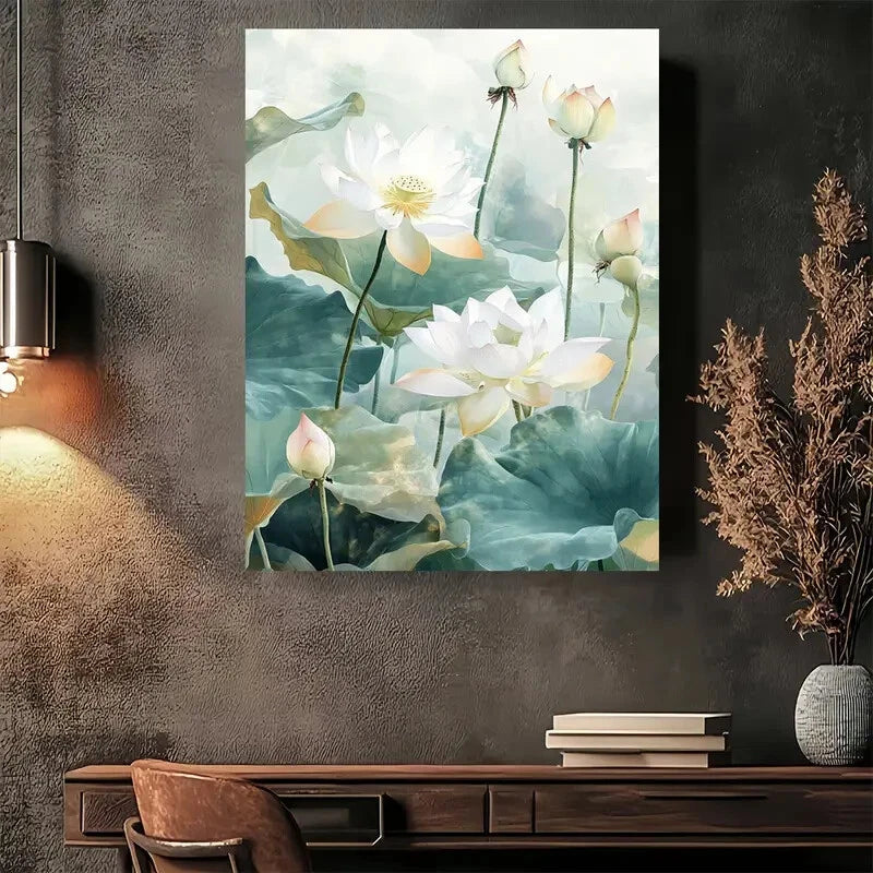 Beautiful Lotus Pond Serene White Painting 40x60cm Metal Print Ready to Hang - Bella Home Decor