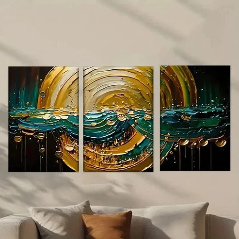 3pcs Painting of a Golden And Blue Wave  Wall Art Set Canvas Unframed - High Quality Print 100% Australian Made Wall Canvas