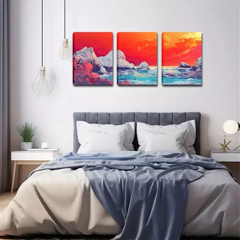 3pcs Vibrant Sunset Coastal Landscape Wall Art Set Canvas Unframed - High Quality Print 100% Australian Made Wall Canvas