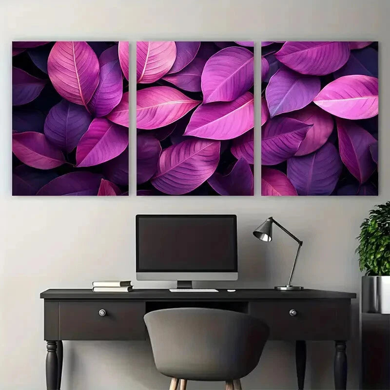 3pcs Deep Pink Purple Nature Tropical Leaves Metal Print Ready to Hang Art - Bella Home Decor
