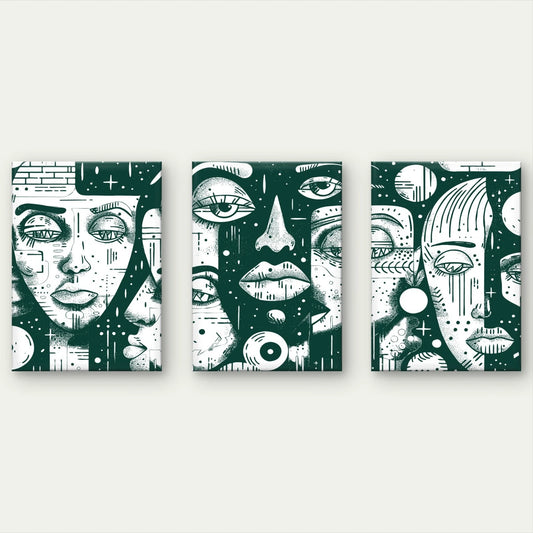 3pcsModern Abstract Green & White Face Portrait Wall Art Set Canvas Framed 40x60cm - High Quality Print 100% Australian Made Wall Canvas Ready to Hang