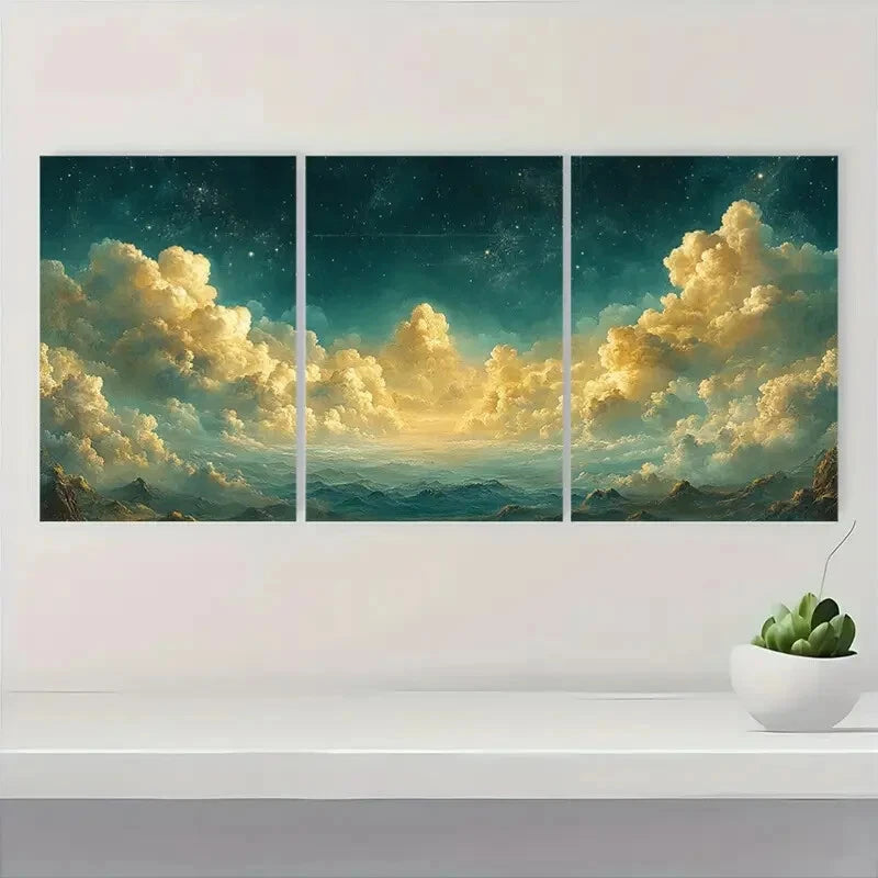 3pcs Serene Night Sky & Clouds Panoramic Metal Print Ready to Hang Art - Bella Home Decor