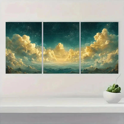 3pcs Serene Night Sky & Clouds Panoramic Metal Print Ready to Hang Art - Bella Home Decor
