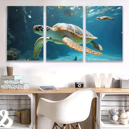 3pcs Vibrant Sea Turtle Swimming Ocean  Wall Art Set Canvas Framed 50x70cm - High Quality Print 100% Australian Made Wall Canvas Ready to Hang - Bella Home Decor