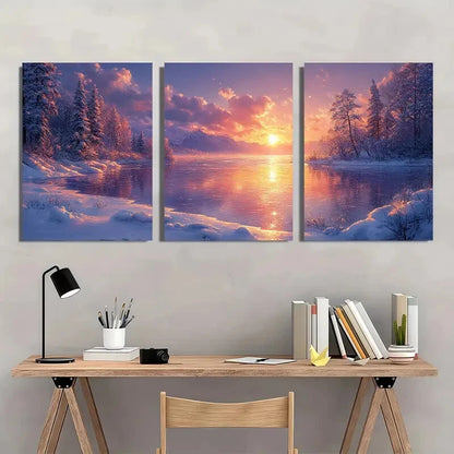 3pcs Serene Frozen Lake & Snowy Forest Scenery Metal Print Ready to Hang Art - Bella Home Decor