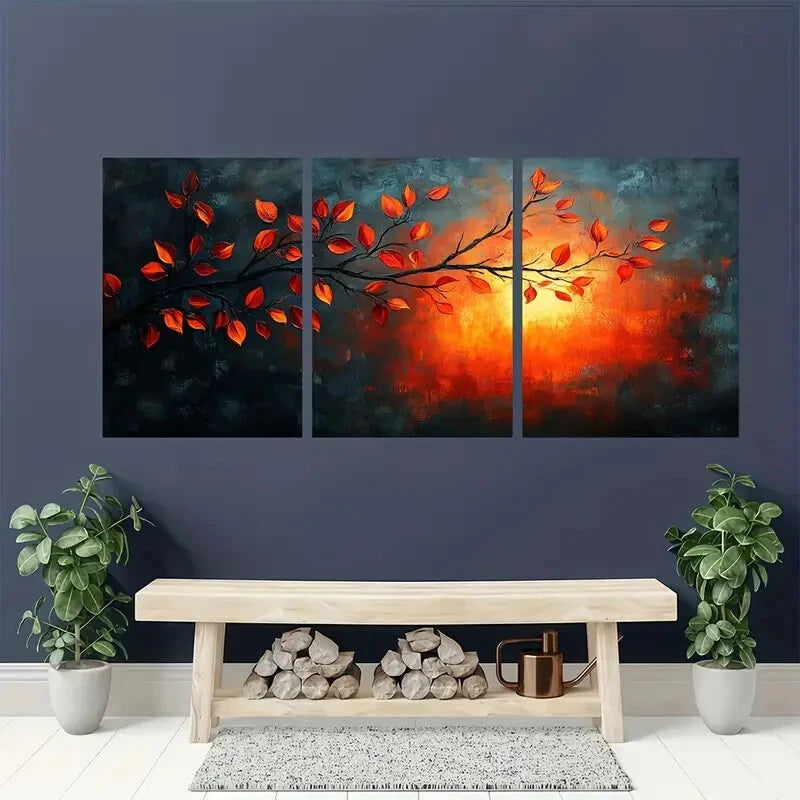 3pcs Nature Painting Autumn Leaves Artwork Metal Print Ready to Hang Art - Bella Home Decor
