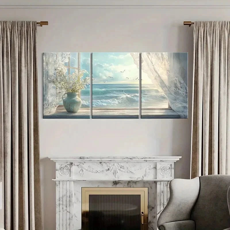 3pcs Scenic Sea View from Open Window Metal Print Ready to Hang Art - Bella Home Decor