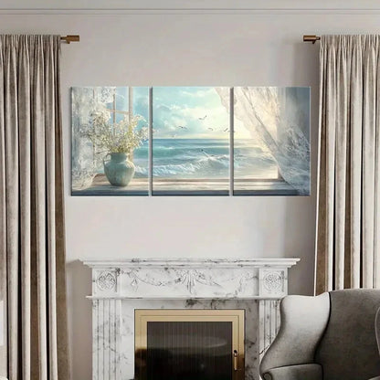 3pcs Scenic Sea View from Open Window Metal Print Ready to Hang Art - Bella Home Decor