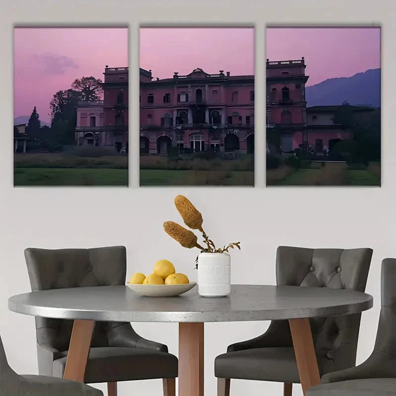 3pcs Charming Rustic Sunset Featuring a Castle Metal Print Ready to Hang Art - Bella Home Decor