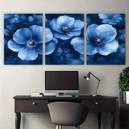 3pcs Elegant Blue Abstract Watercolor Floral Wall Art Set Canvas Framed 40x60cm - High Quality Print 100% Australian Made Wall Canvas Ready to Hang