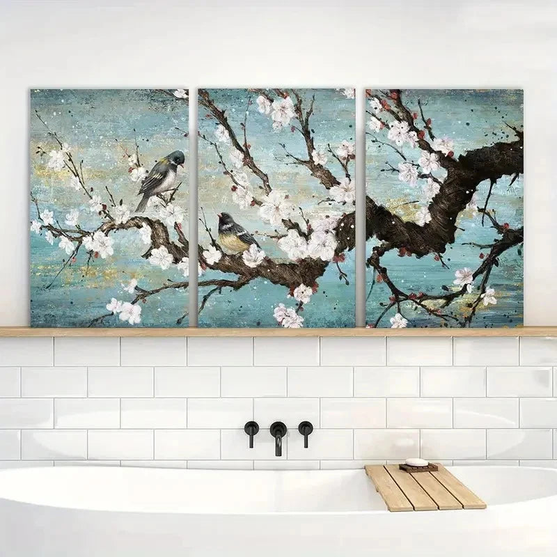 3pcs Traditional Painting Plum Blossom & Birds Metal Print Ready to Hang Art - Bella Home Decor