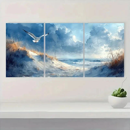 3pcs Sand Dunes and Seagulls Watercolor Beach Land Metal Print Ready to Hang Art - Bella Home Decor