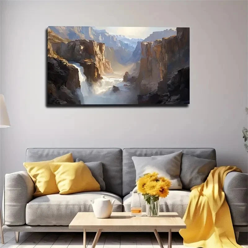 Dramatic Canyon Waterfall Lands Wall Art Canvas Office Home Room Framed 120x60cm