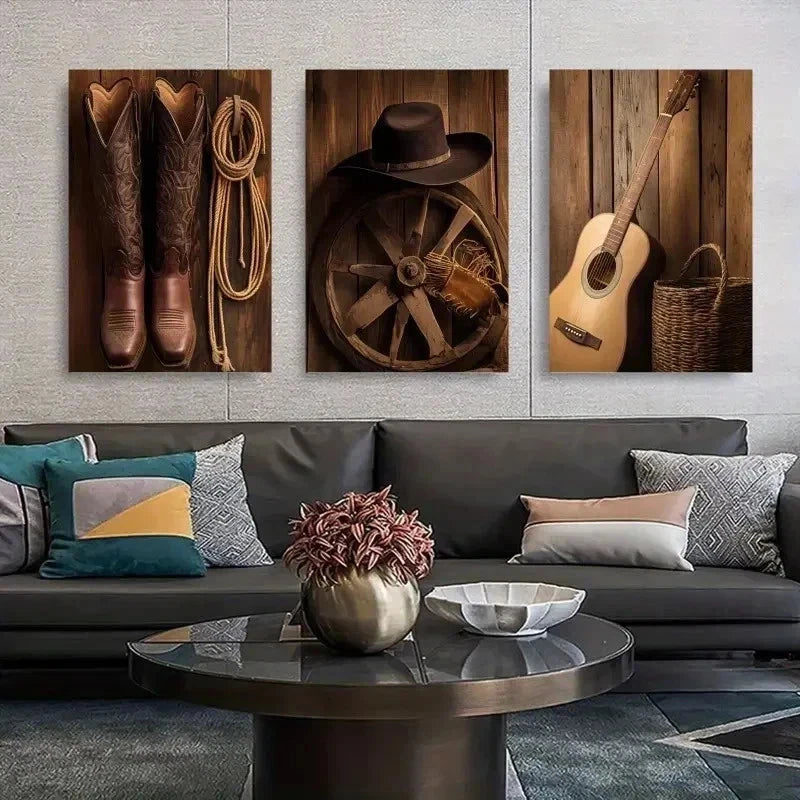 3pcs Cowboy Hat & Boots, Frameless Wall Art Set Canvas Framed 50x70cm - High Quality Print 100% Australian Made Wall Canvas Ready to Hang - Bella Home Decor